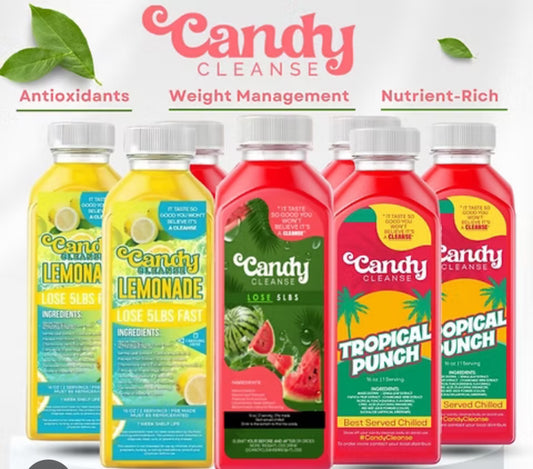 Candy Cleanse drink bottles in various flavors on a white background