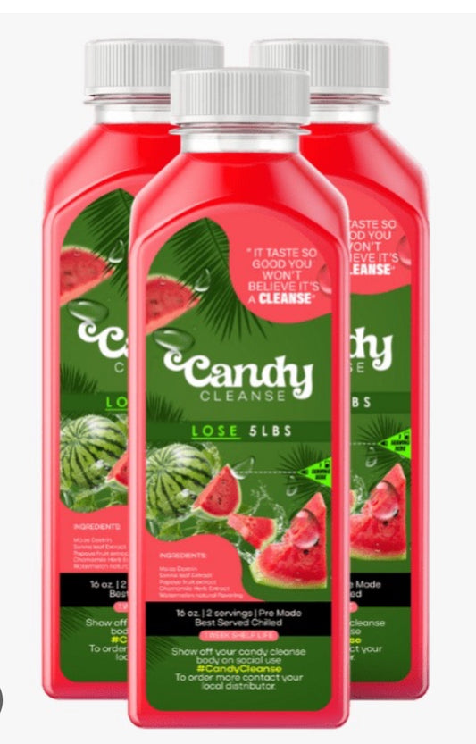 Three bottles of Candy Cleanse drink with watermelon graphics on a white background